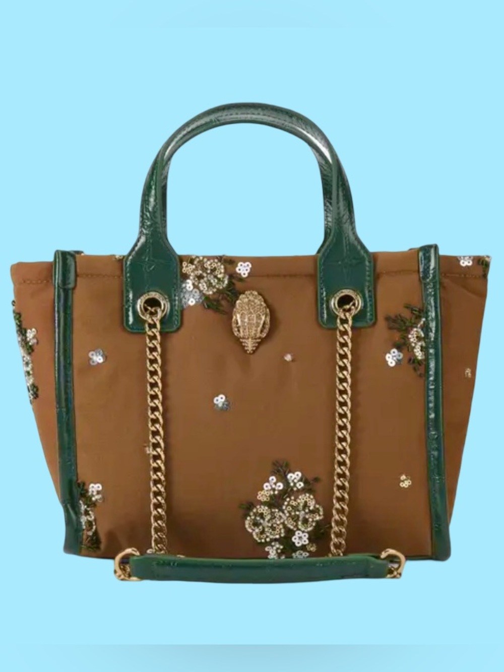 Kurt Geiger Embellished Brown Satchel with Green Trim and Gold Chain - Picture 2 of 4